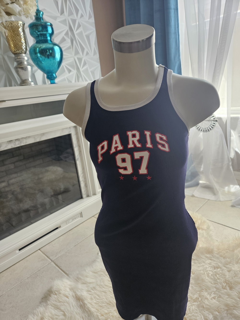 Charlotte Russe Navy Ribbed Tank with White Trim and 'PARIS 97'